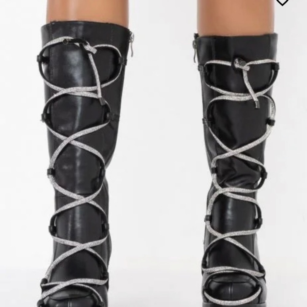 NEW Azalea Wang sexy knee high platform boots w rhinestone drip laces-6